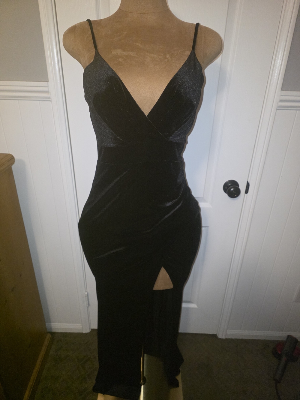 Windsor Black Velvet Strapless-Look Spaghetti Strap Evening Gown